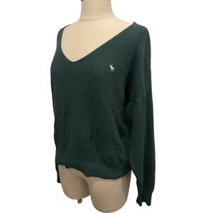 Abercrombie & Fitch Womens Large Forest Green‎ V-Neck Ribbed Knit Sweater Moose